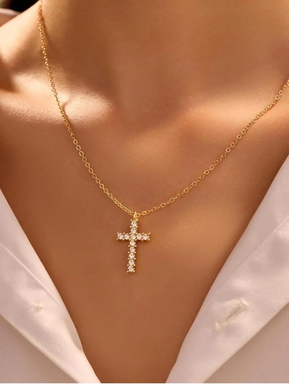 Gold Alloy Crystal Cross Pendant Necklace Cable Chain Lobster Clasp 15.75